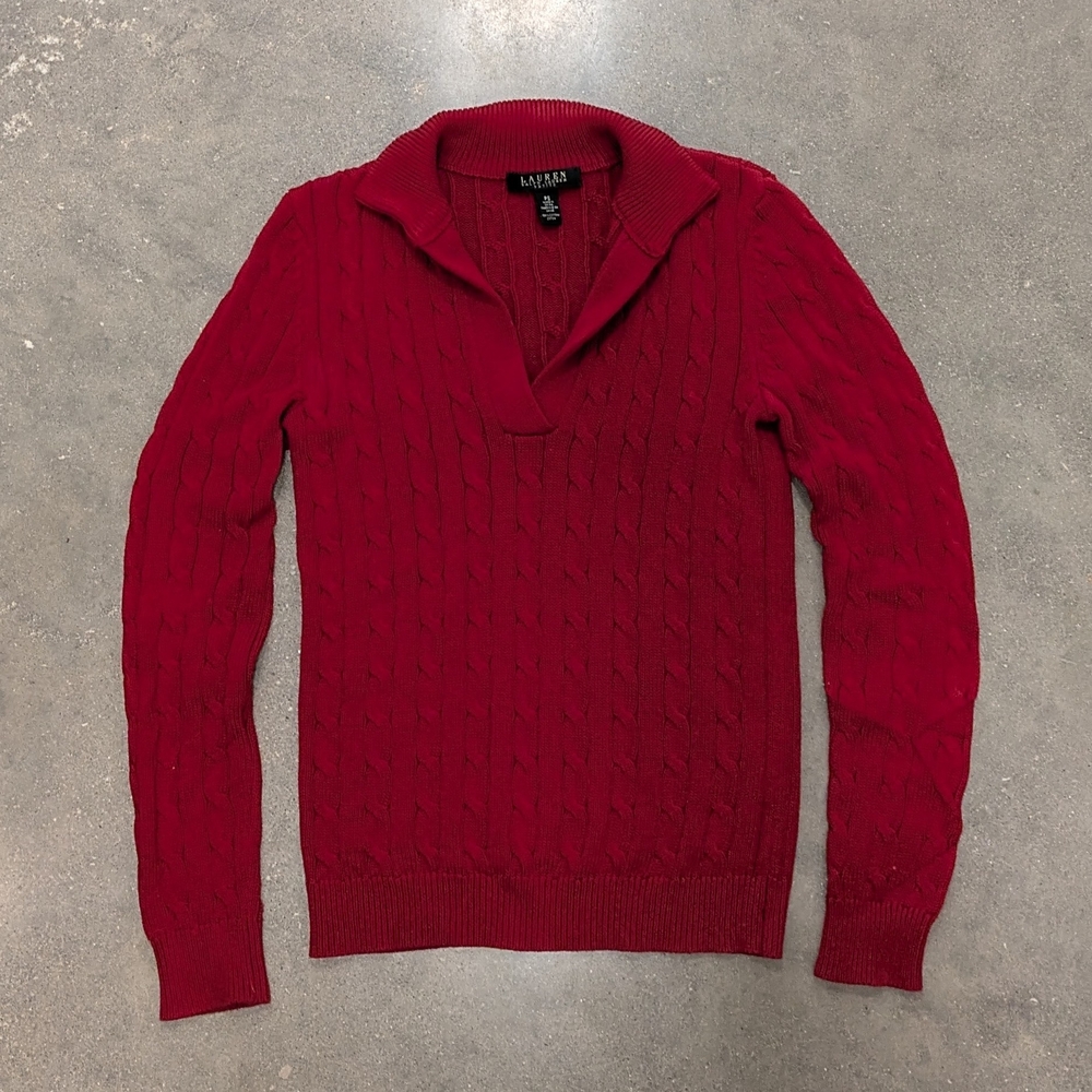 100% Cotton Ralph Lauren Red V-Neck Knit Sweater